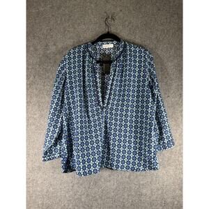 Paperdolls Top Women XL Blue Popover Long Sleeve V Neck Geoprint Preppy Feminine